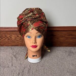 African Abstract Floral Jacquard Headwrap Turban Red Gold Statement Wrap OS
